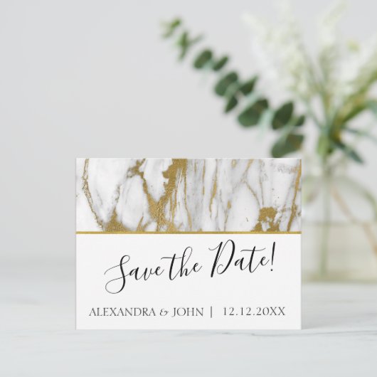 日付を白大理石と金ゴールドで保エレガント存 ポストカード (スタンド正面)