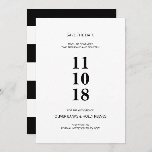 日付を白黒で保ストライプの存モダンする セーブザデート (正面/裏面)