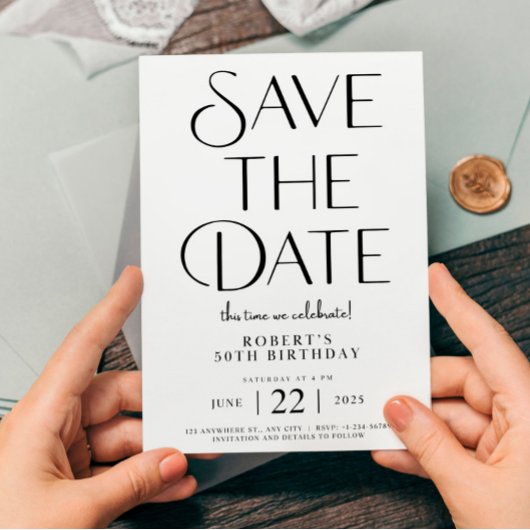 日付を白黒で保存50誕生日 招待状