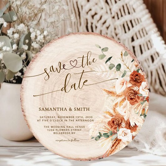 日付を素朴保存するラウンドウッドカットグレインカード 招待状