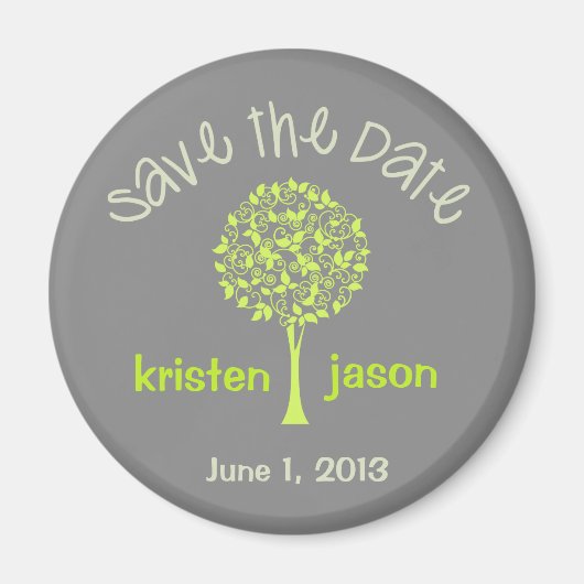 日付を緑/灰色の木の磁石で保存 マグネット (正面)