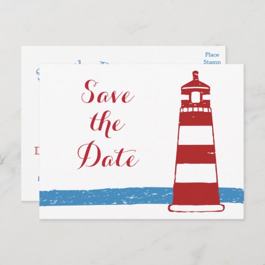 日付を航海の保存ライトハウスレッドブルー結婚ズ 案内ポストカード (正面/裏面)
