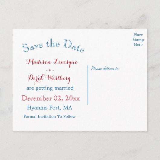 日付を航海の保存ライトハウスレッドブルー結婚ズ 案内ポストカード (裏面)