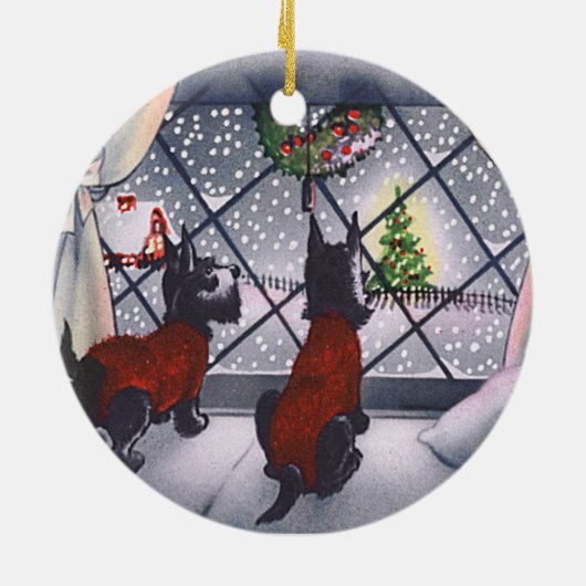 日付を記入されるヴィンテージのクリスマスのスコッチテリアの子犬のカスタム セラミックオーナメント (裏面)