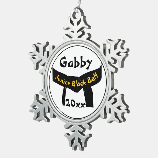 日付を記入される武道の後輩の黒帯 スノーフレークピューターオーナメント (右)