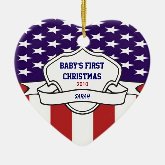 日付を記入されるBabysの愛国心が強い第1クリスマスのカスタムな写真 セラミックオーナメント (正面)