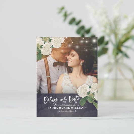日付を遅延エレガントな結婚延期の写真 案内ポストカード (スタンド正面)