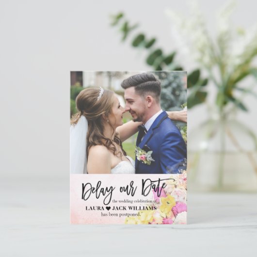日付を遅延エレガントな結婚延期の写真 案内ポストカード (スタンド正面)