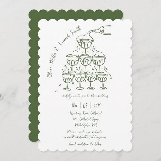 日付を除いたハンドドローのシャンパン結婚塔 招待状 (正面/裏面)