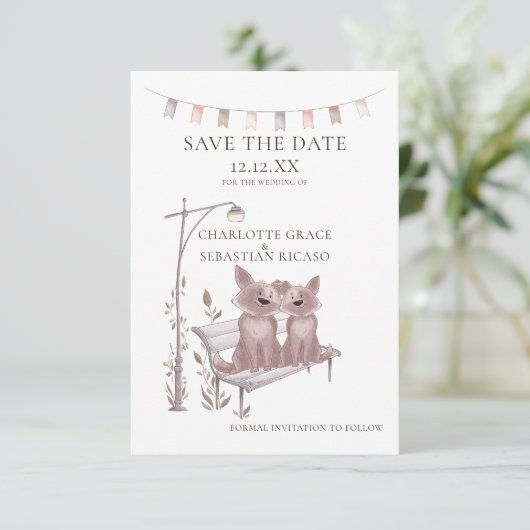 日付を除いたベンチの動物の上結婚の2匹の犬 案内状 (スタンド正面)
