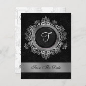 日付を除いて繁栄した銀のモノグラムの結婚式 案内ポストカード (正面/裏面)