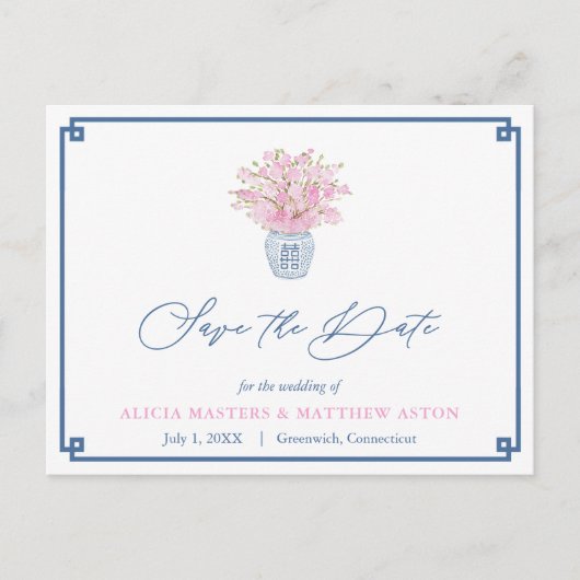 日付を除く海軍とピンクの中華料理の結婚式 ポストカード (正面)