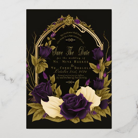 日付を除く魅惑的なゴシック様式の結婚式 箔招待状 (正面)