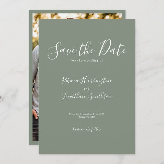 日付を除ミニマルくオリーブ緑の結婚式 セーブザデート (正面/裏面)