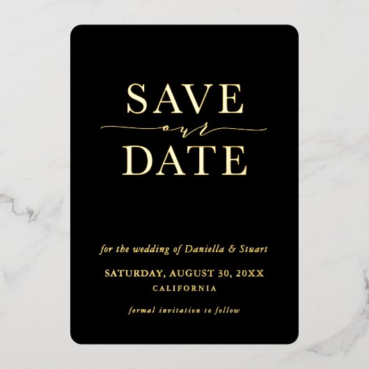 日付を黒に保モダンエレガントミニマル存 箔招待状 (正面)