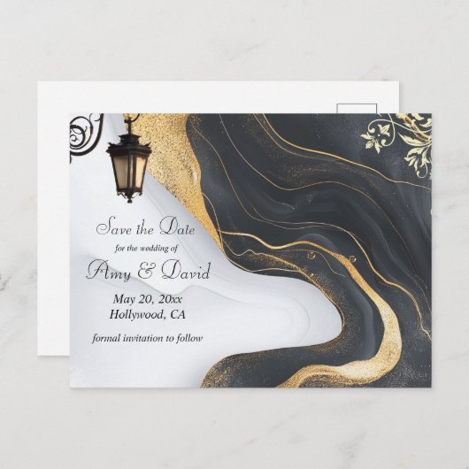 日付を黒に保存し、金ゴールド結婚の発表を保存 案内ポストカード (正面/裏面)