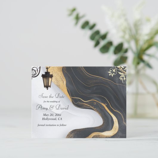 日付を黒に保存し、金ゴールド結婚の発表を保存 案内ポストカード (スタンド正面)