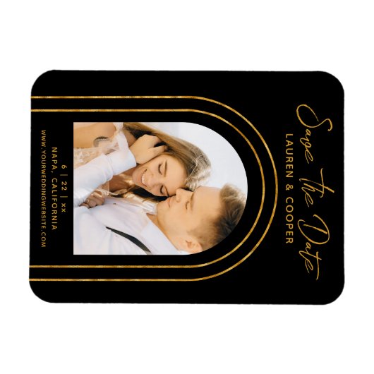 日付を黒の金ゴールドスタイリッシュアールデコ結婚 マグネット (横)