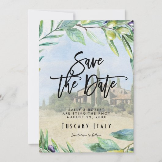 日付イタリアンカードを保存するオリーブ・トスカニーの結婚式 サンキューカード (正面)