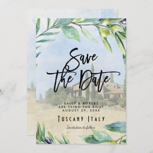 日付イタリアンカードを保存するオリーブ・トスカニーの結婚式 サンキューカード (正面/裏面)