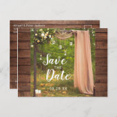 日付ウッドピーチ素朴メイスンジャーの結婚保存 案内ポストカード (正面/裏面)