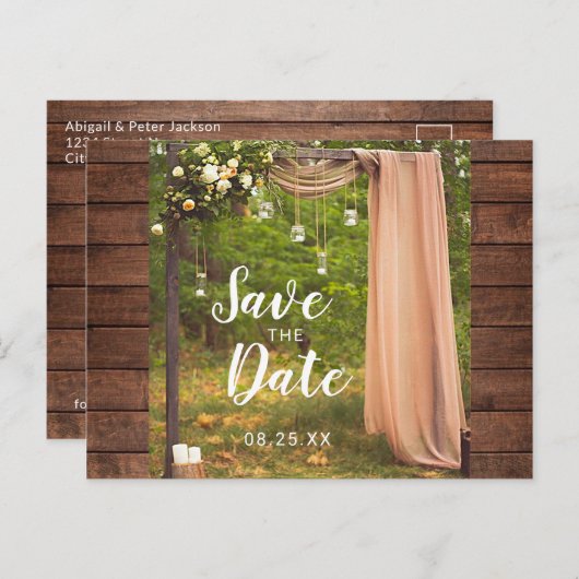日付ウッドピーチ素朴メイスンジャーの結婚保存 案内ポストカード (正面/裏面)