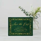 日付エメラルドグリーン金ゴールド飾り枠の保存 箔招待状ポストカード (立ち正面)
