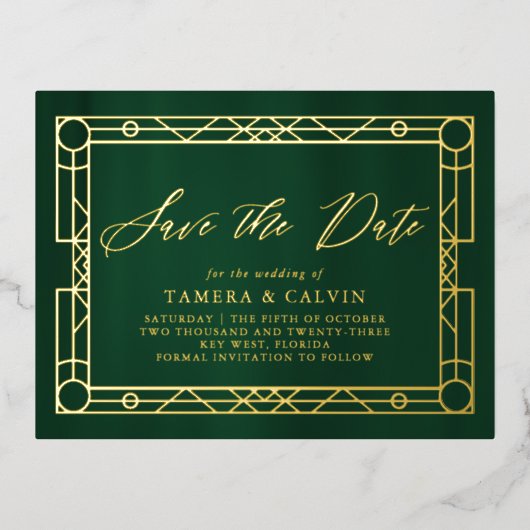 日付エメラルドグリーン金ゴールド飾り枠の保存 箔招待状ポストカード (正面)
