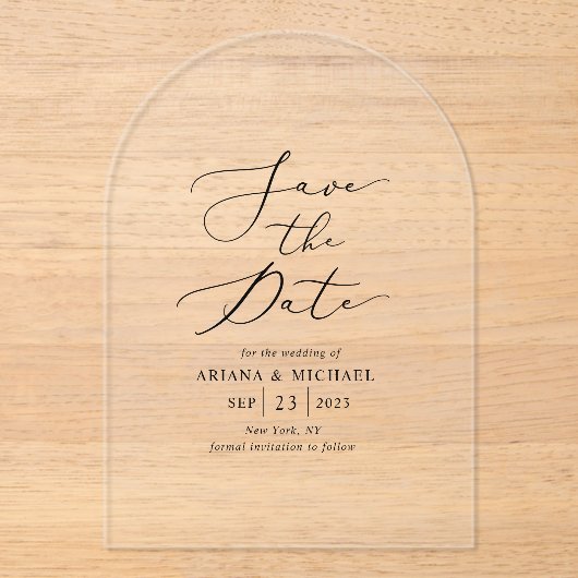 日付エレガントのアーチの保存 アクリル招待状 (正面)