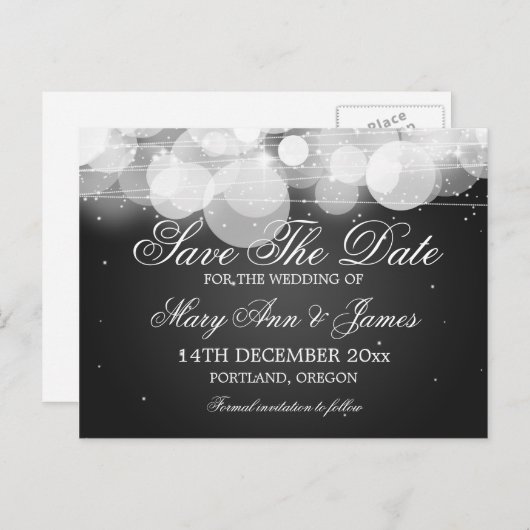 日付エレガントのグローと輝きの黒を保存 案内ポストカード (正面/裏面)