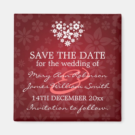 日付エレガントの花のハートを赤で保存 マグネット (正面)