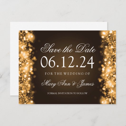 日付エレガントをライトのきらめく金ゴールド 案内ポストカード (正面/裏面)