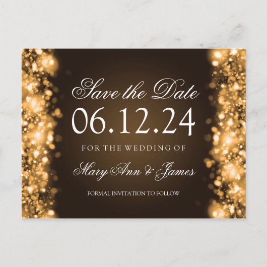 日付エレガントをライトのきらめく金ゴールド 案内ポストカード (正面)