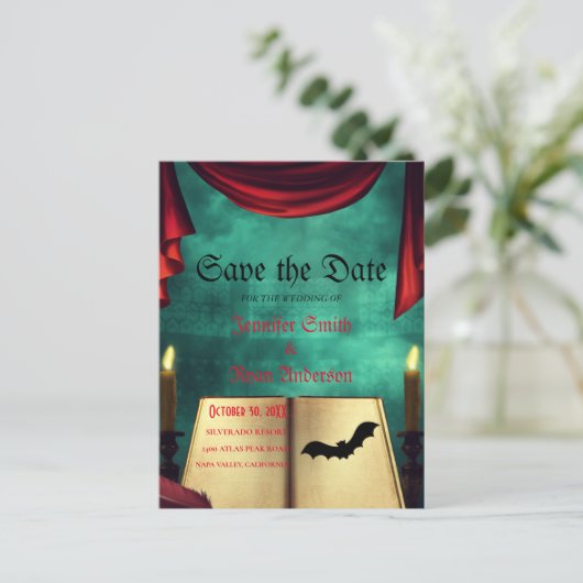 日付エレガントを保存したゴシック様式の結婚式 ポストカード (スタンド正面)