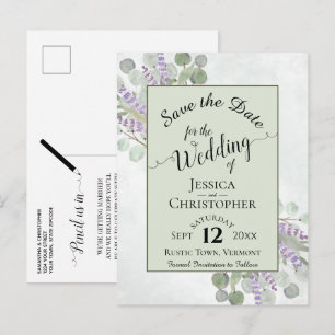 日付エレガントを保存ユーカリ&ラベンダーグリーン 案内ポストカード