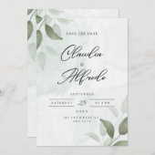 日付エレガントカードの緑の保存招待状 セーブザデート (正面/裏面)