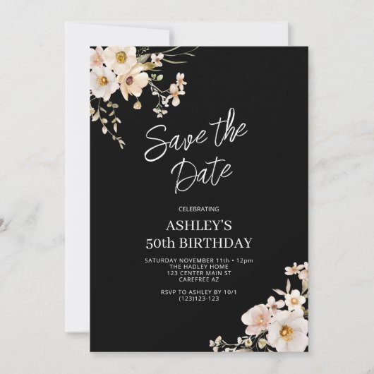 日付エレガントフローラ50番目の誕生日の保存 招待状 (正面)