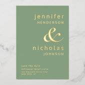 日付エレガント金ゴールドを保存するグリーンウェディング 箔招待状 (正面)