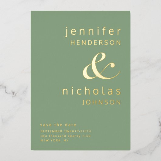 日付エレガント金ゴールドを保存するグリーンウェディング 箔招待状 (正面)