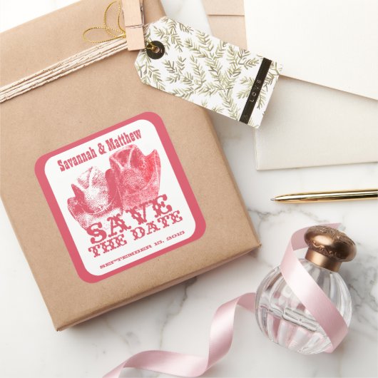 日付カウボーイ女性のカーボーイ帽子のステッ結婚カーを保存 スクエアシール (ギフト)