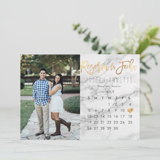 日付カレスペインのンダーの大理石金ゴールドを保存フェイクする 招待状 (スタンド正面)