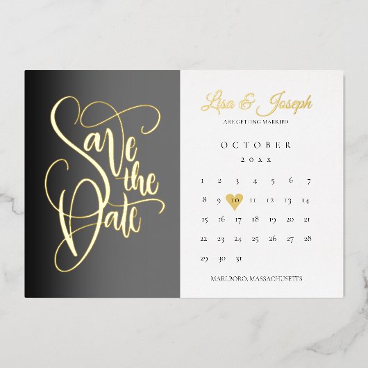 日付カレンダーのラブハート金ゴールドの保存 箔招待状 (正面)