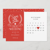 日付カレンダーの赤恋ハートの保存 招待状 (正面/裏面)