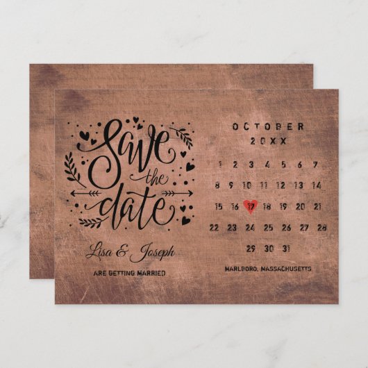 日付カレンダー赤い愛のハートの木を保存素朴 案内ポストカード (正面/裏面)