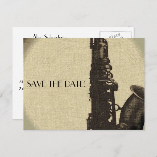 日付カードのジャズエイジ結婚式招待状の保存 案内ポストカード (正面/裏面)