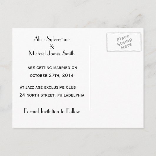 日付カードのジャズエイジ結婚式招待状の保存 案内ポストカード (裏面)