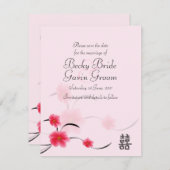 日付カードのピンクの花の倍の幸福を救って下さい セーブザデート (正面/裏面)