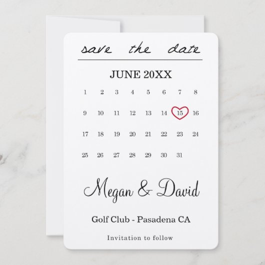 日付カードの保存 – ハート日付 – カレンダー セーブザデート (正面)