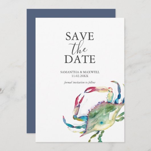 日付カードの水の色のブルーカニを保存 セーブザデート (正面/裏面)