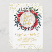 日付カードの金ゴールドのグリッターのクリスマスの花柄を救って下さい セーブザデート (正面/裏面)